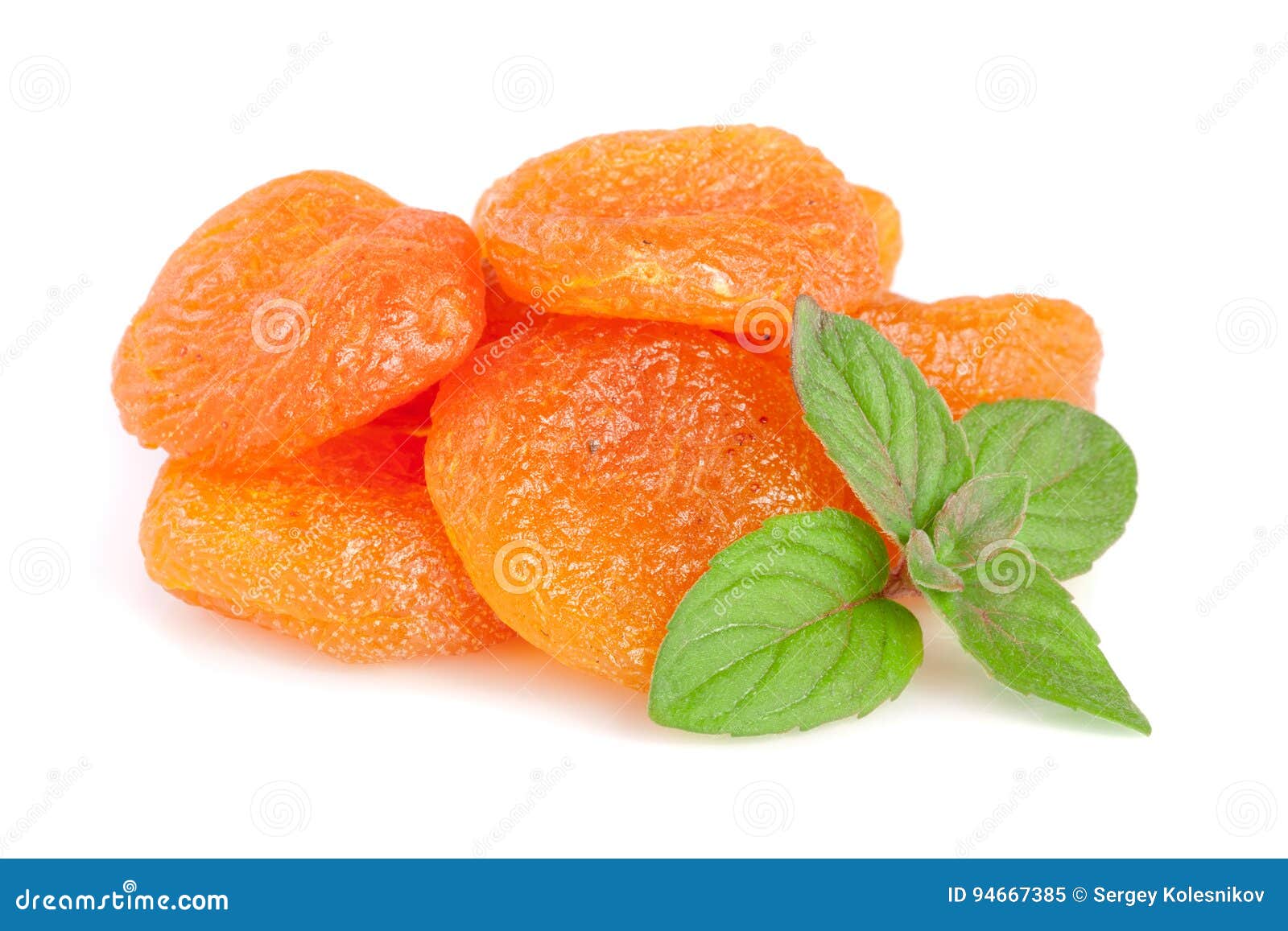 Dried Apricots with Mint Leaves Isolated on White Background Stock