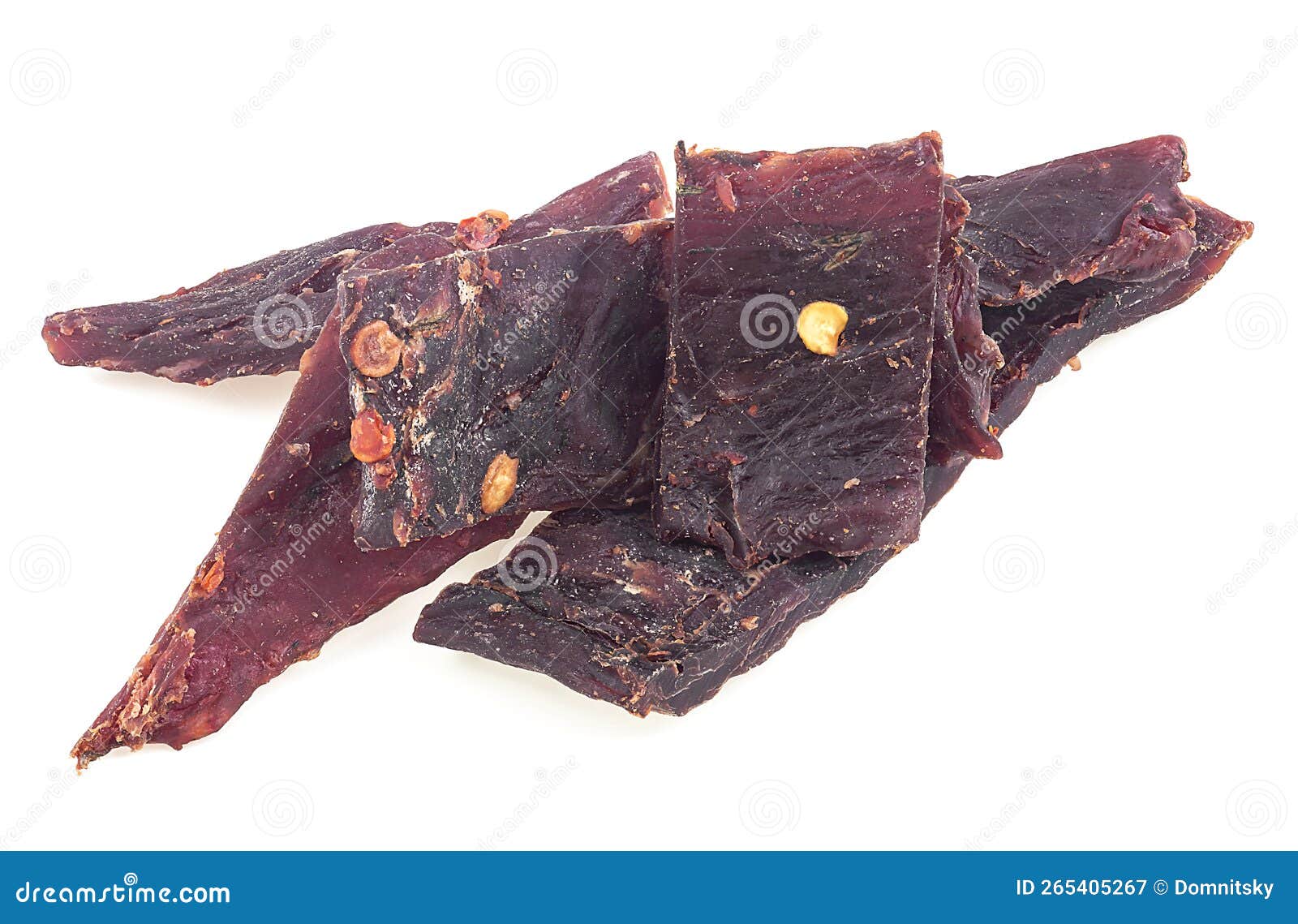 Dried Beef Jerky Pieces Isolated on White Background. Portion of Spiced