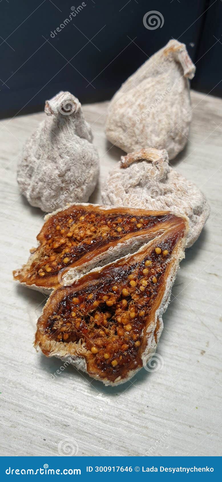 Dried Figs and Cut Figs with Powdered Sugar. Stock Photo Image of