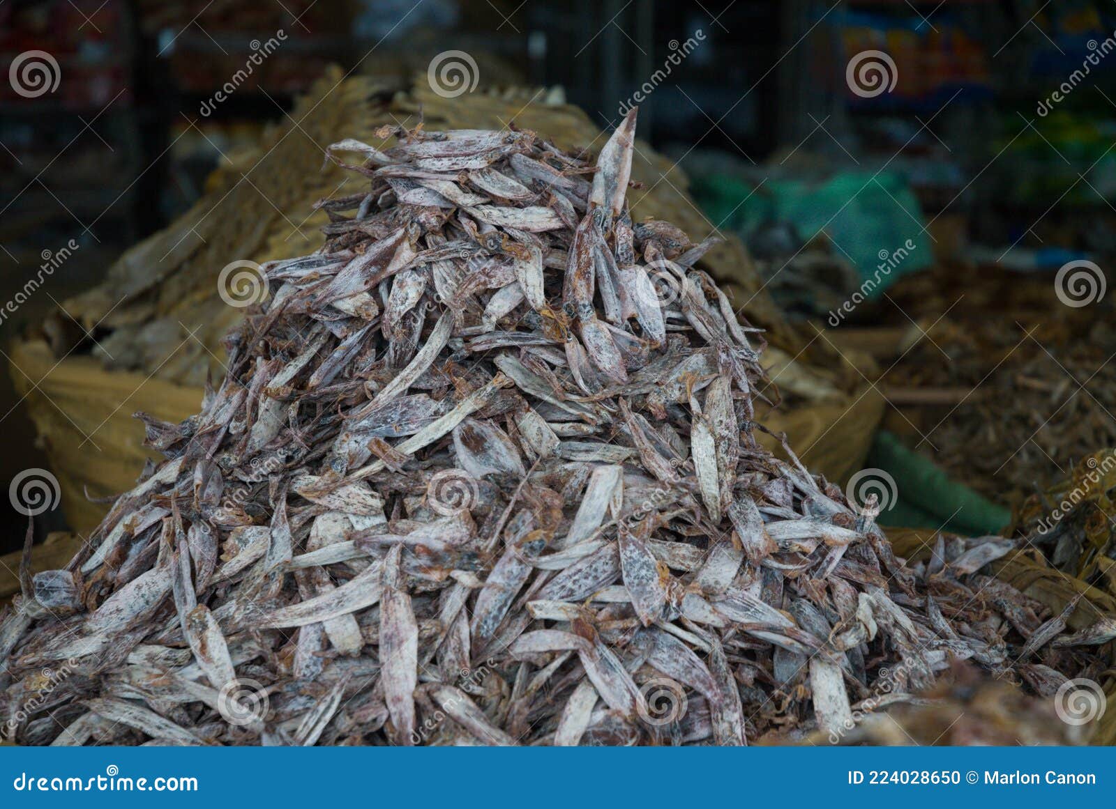 Dried fish in the market stock photo. Image of building 224028650