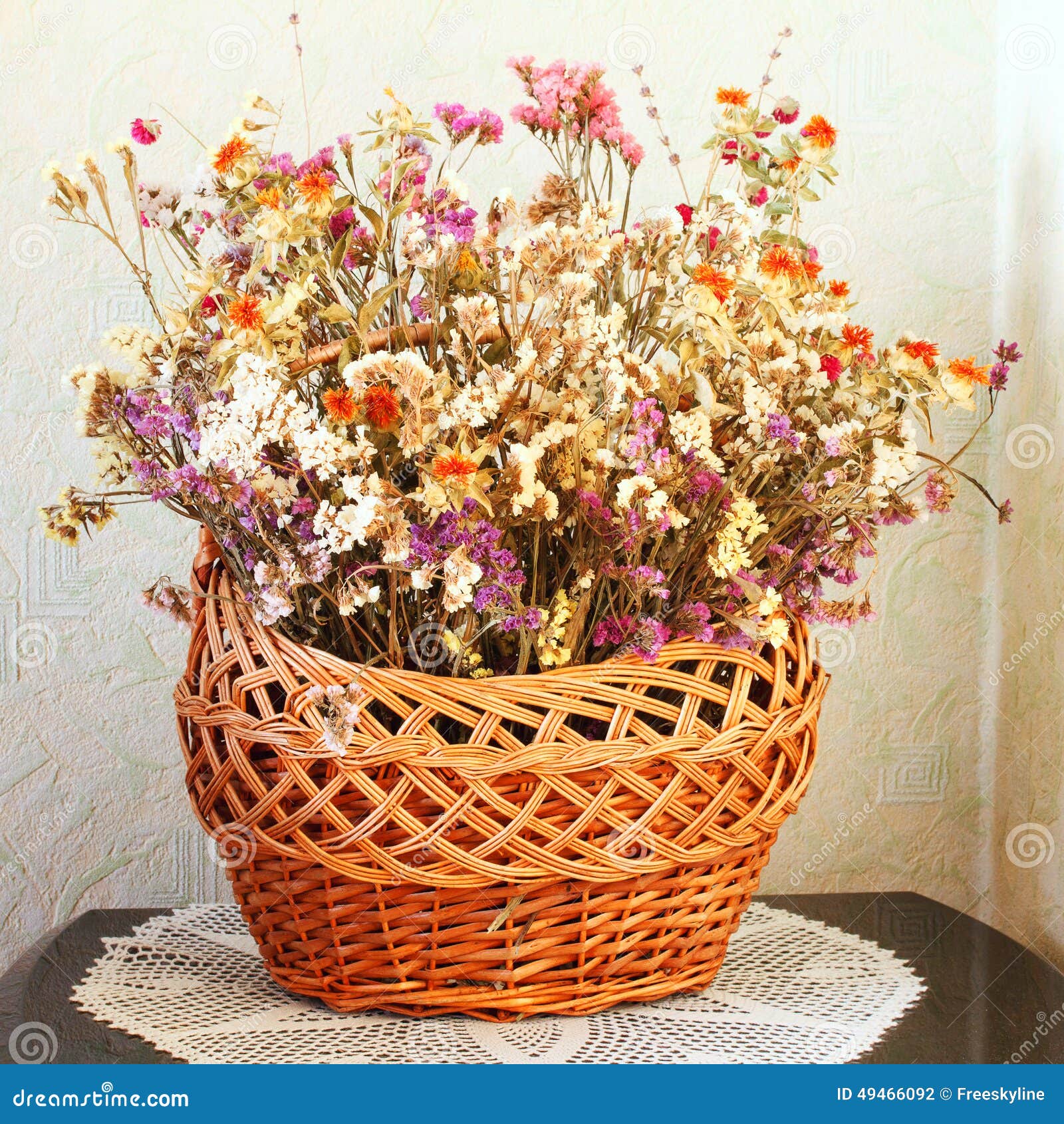 Dried Flowers in a Basket. Winter Bouquet Stock Photo Image of green