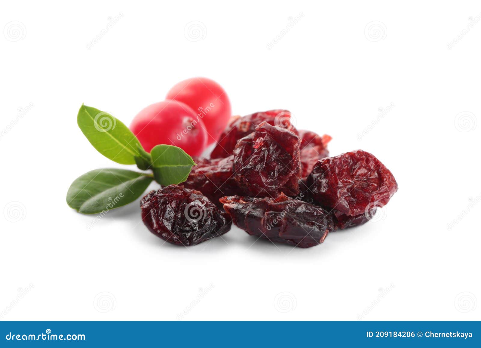 Dried and Fresh Cranberries with Green Leaves Isolated on White Stock