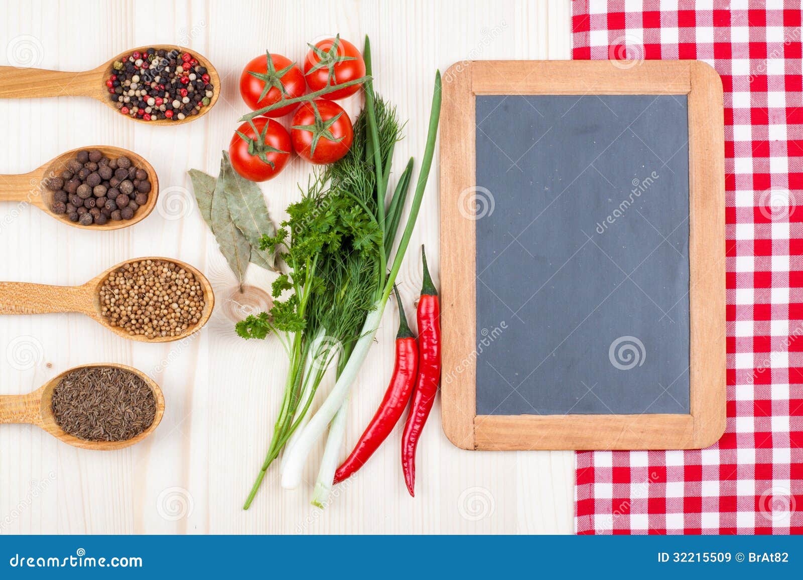 dried fresh food ingredients blank blackboard menu board red checkered tablecloth red tomatoes chillies green 32215509