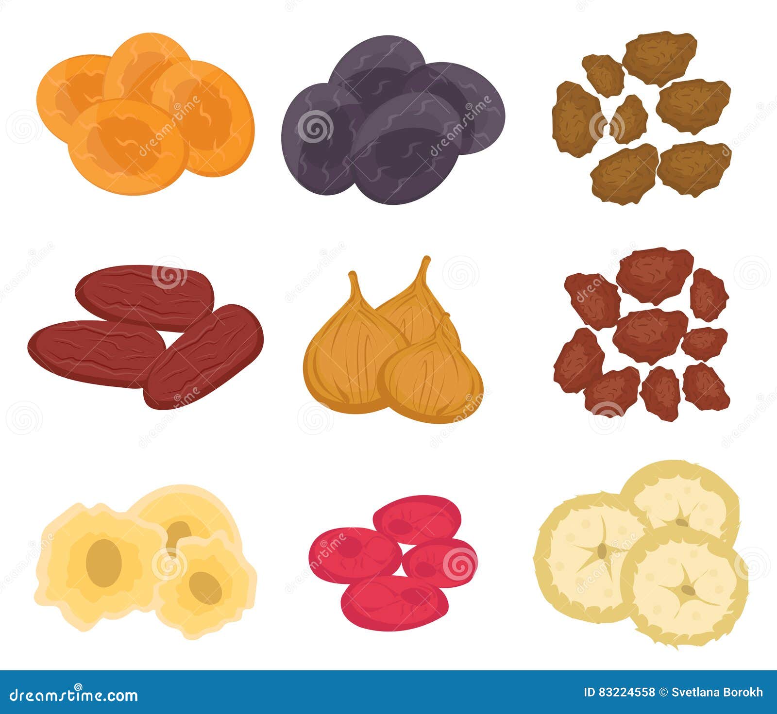 dried fruits set, flat style. raisins, apricots, prunes on a white background.  , clip art
