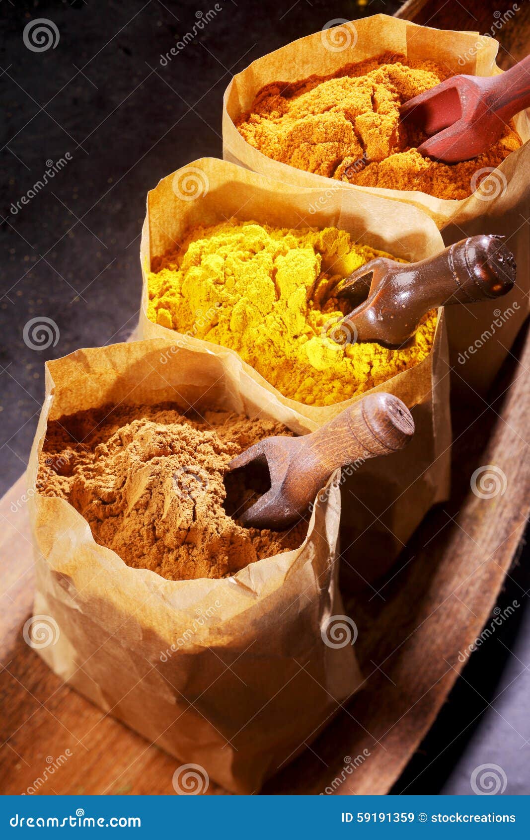 Dried Ground Spices in Brown Paper Bags Stock Image - Image of plate