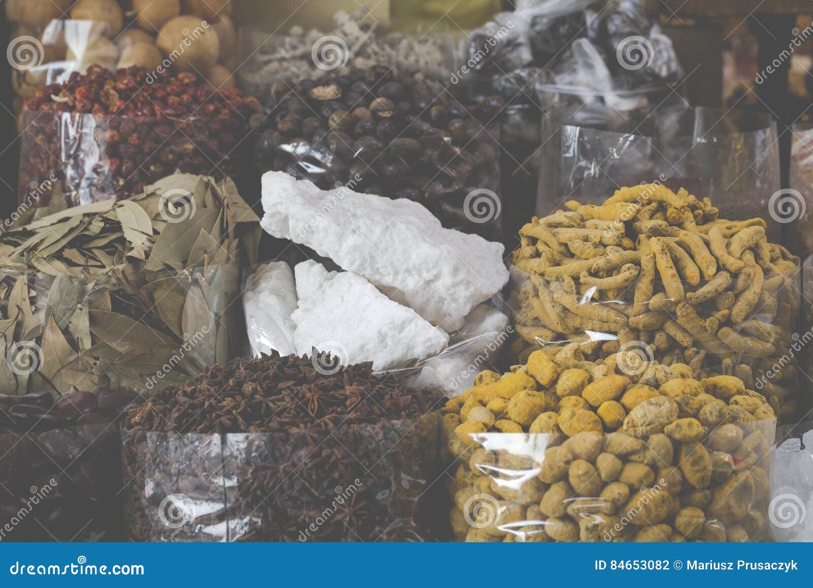 Dried Herbs, Flowers and Arabic Spices in the Souk at Deira in D Stock