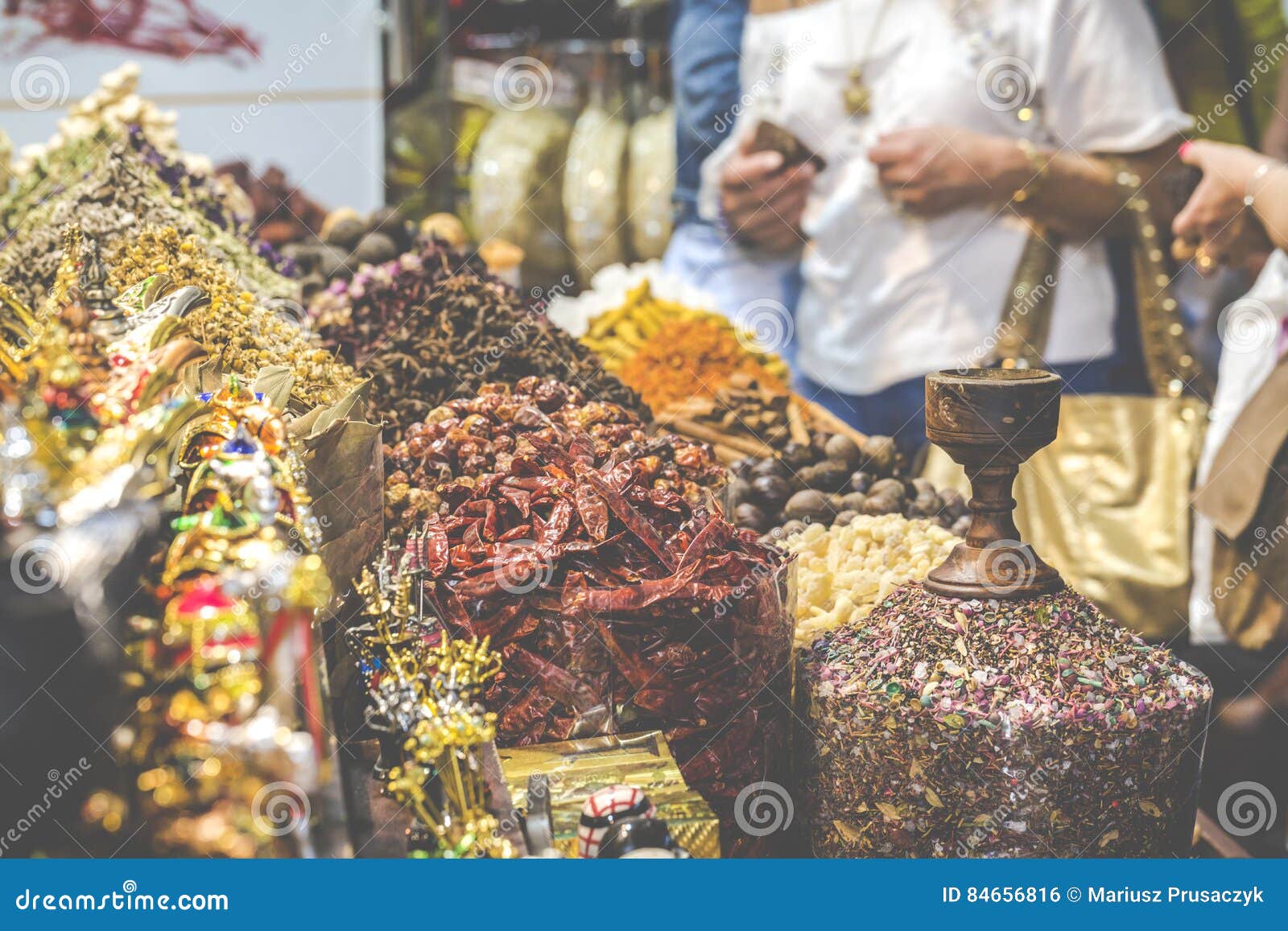 Dried Herbs, Flowers and Arabic Spices in the Souk at Deira in D Stock