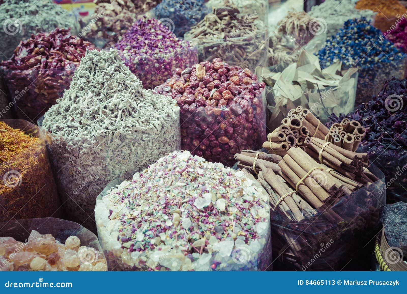 Dried Herbs, Flowers and Arabic Spices in the Souk at Deira in D Stock
