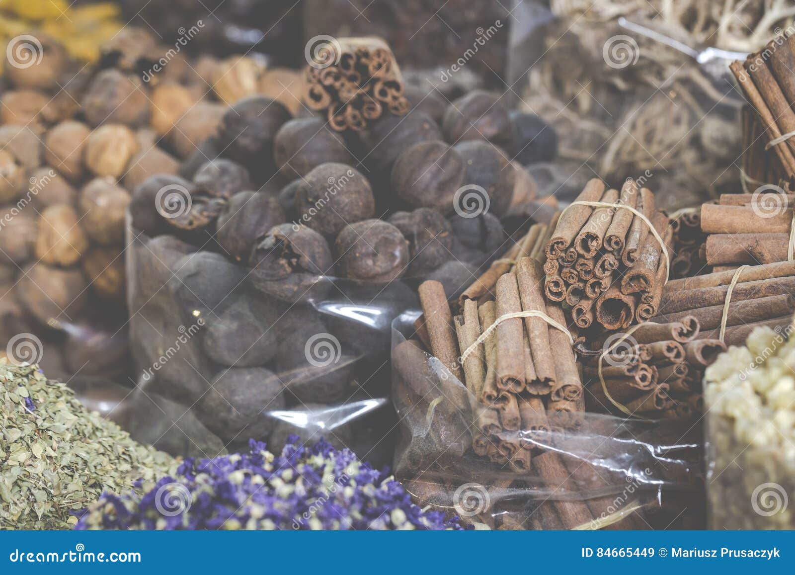 Dried Herbs, Flowers and Arabic Spices in the Souk at Deira in D Stock
