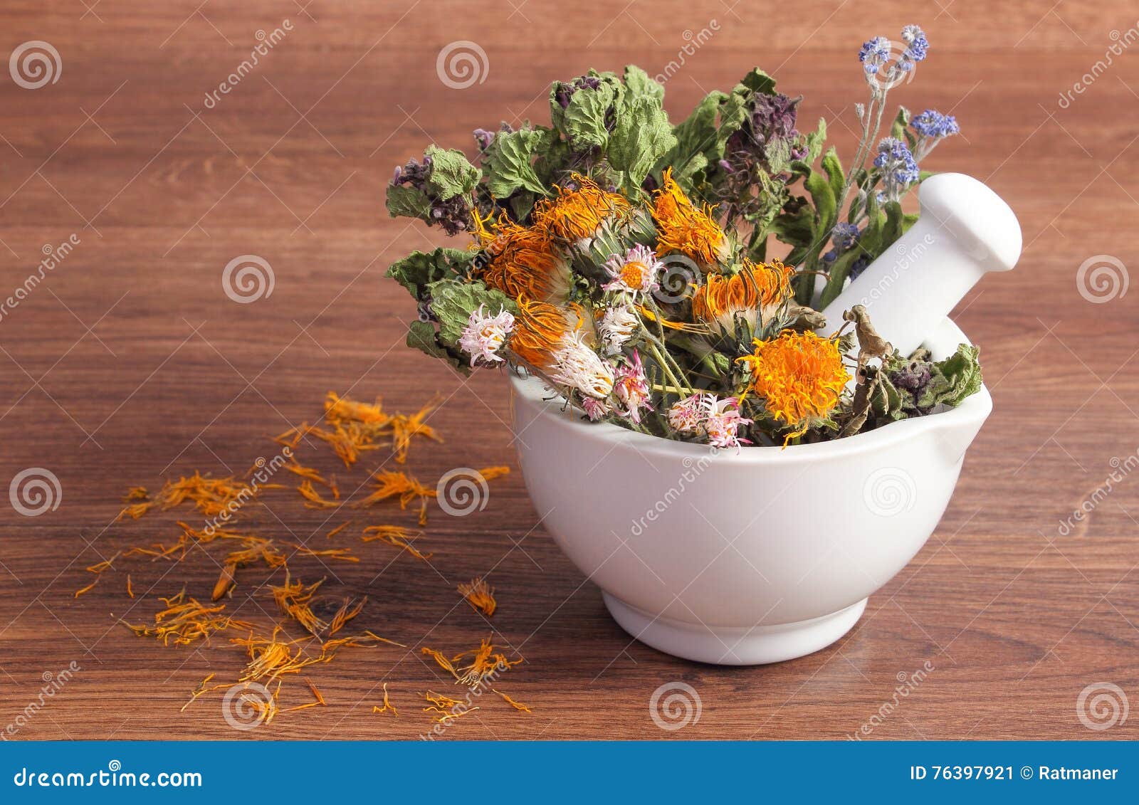dried herbs and flowers in white mortar, herbalism, decoration