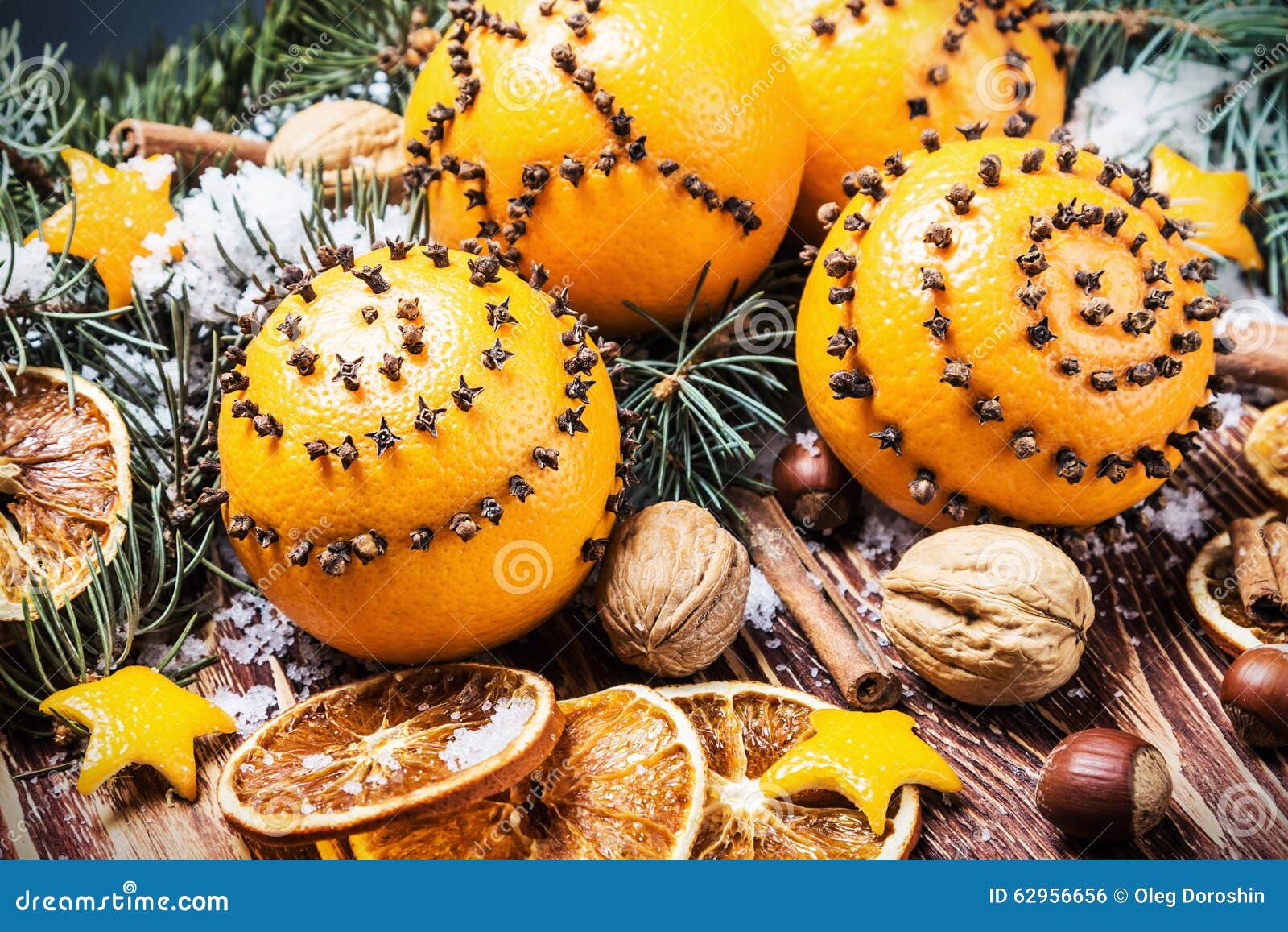 Dried Oranges and Oranges with Cloves. Christmas Decorations Stock