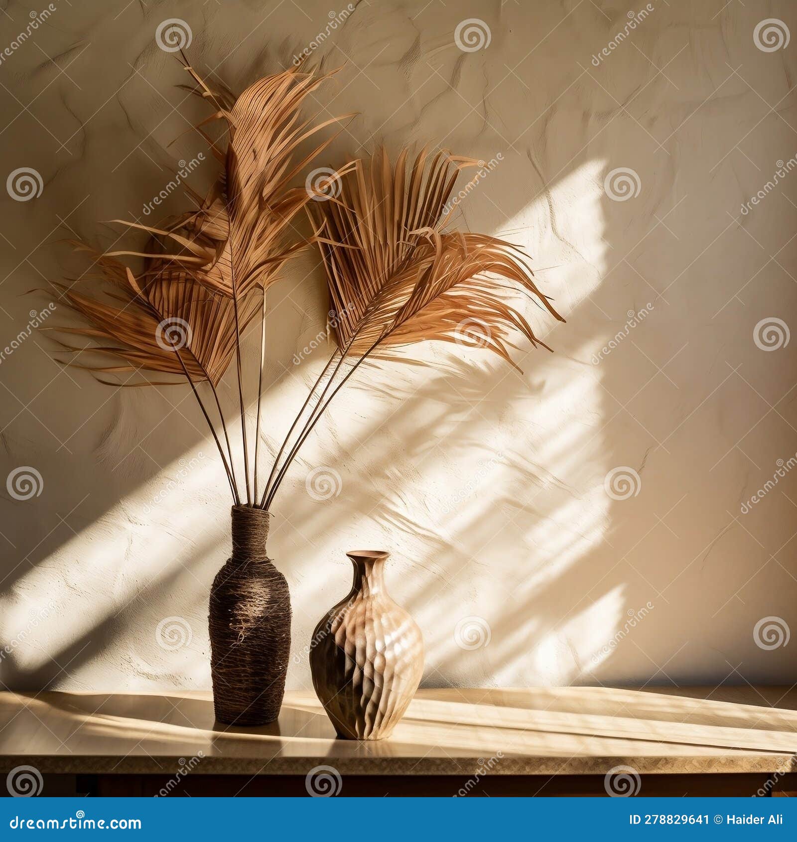 Dried Palm Leaves in Vase with Shadows on the Wall. Generative AI Stock