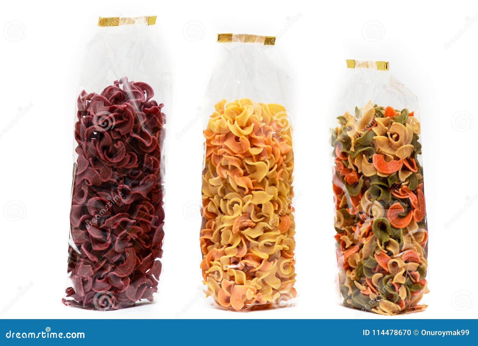 Dried Pasta in Bag Front View. Colorful Vegetable Pastas on White