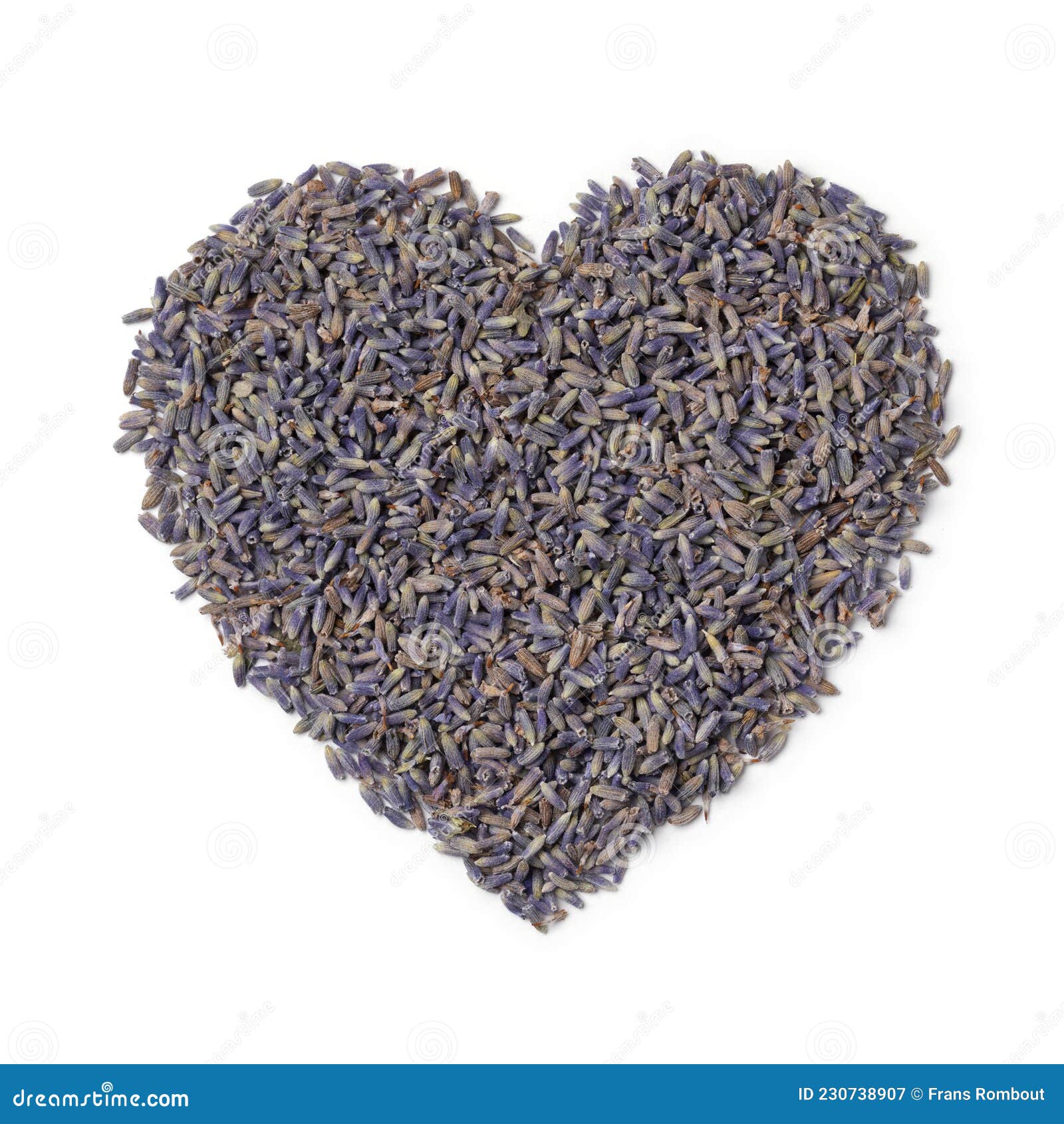 dried purple lavender flowers close up in heart on white background