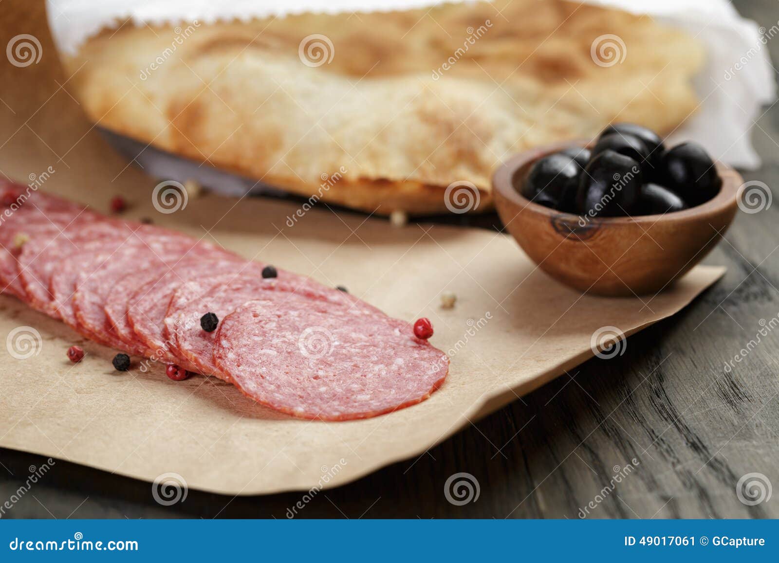 Dried Salami Sausage on Paper Ready for Sandwich Stock Image Image of