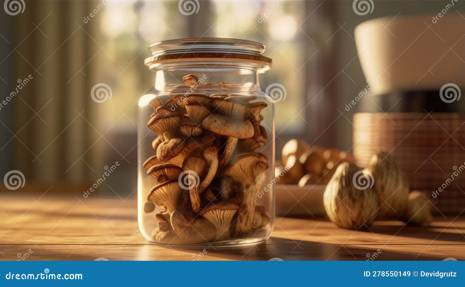 Dried Shiitake Mushrooms in Jar on Kitchen Table. Generative AI Stock