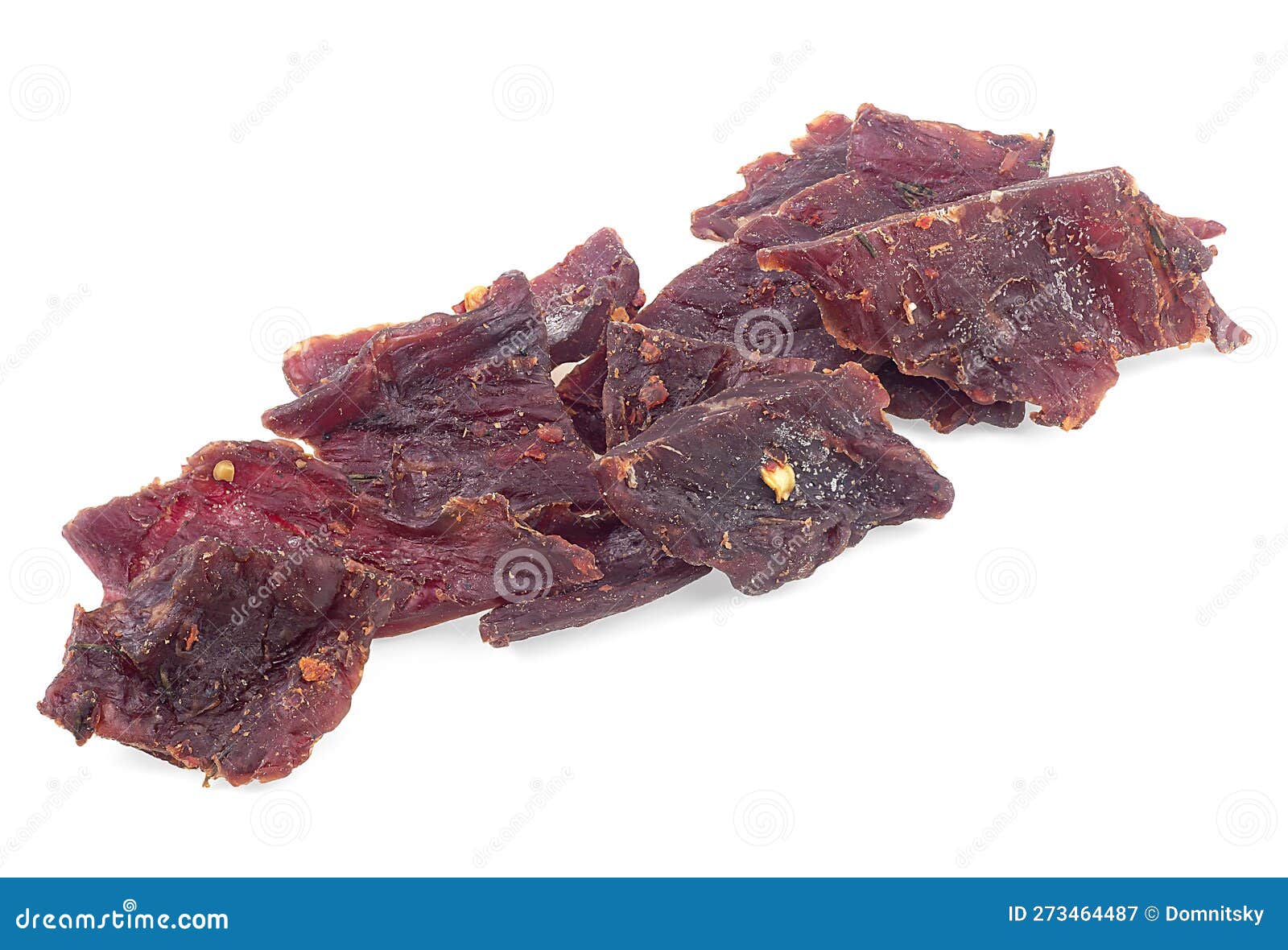 Dried and Spiced Beef Jerky Pieces Isolated on White Background Stock