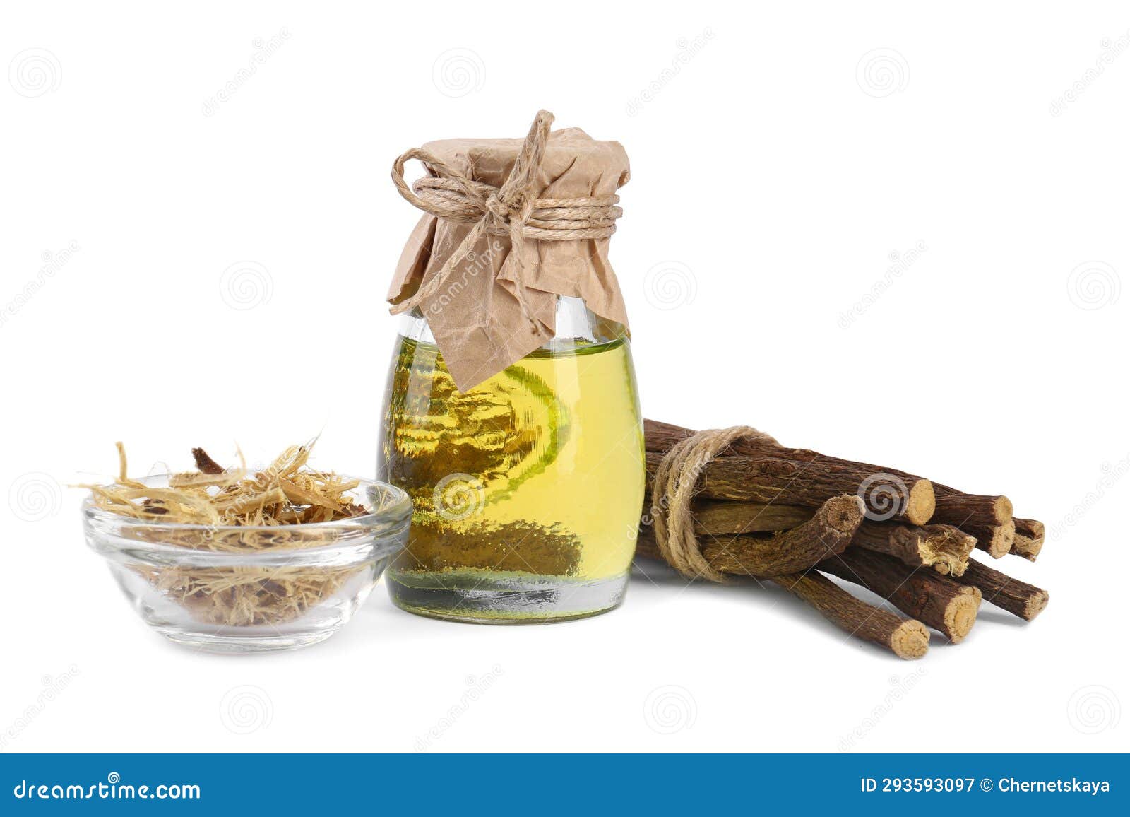 Dried Sticks of Licorice Root and Essential Oil Isolated on White Stock