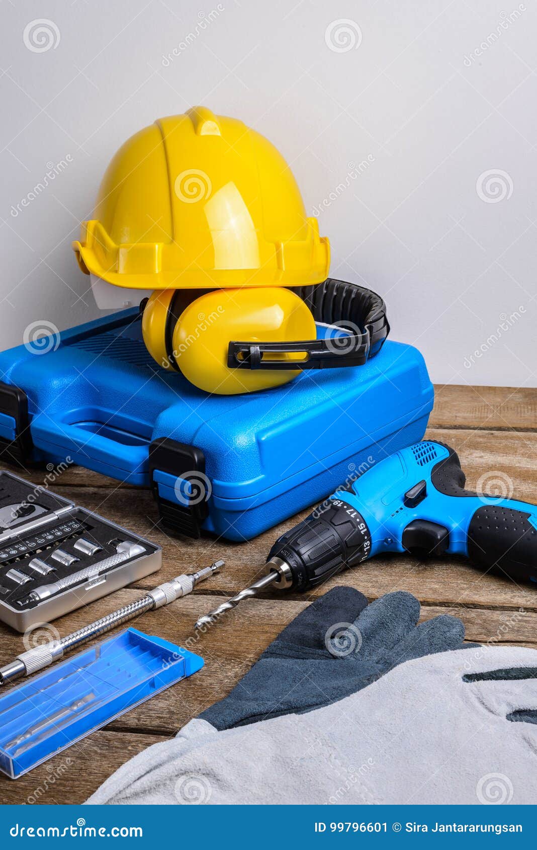 Drill and Set of Drill,tools,carpenter and Safety, Protection Equipment