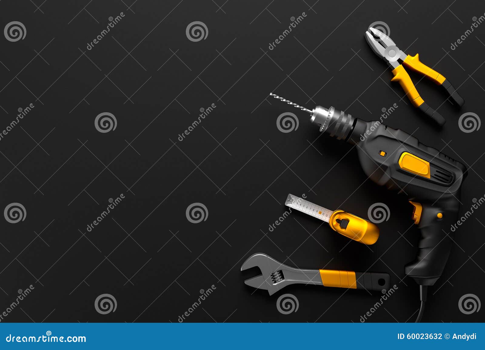 Drill, Wrench and Construction Tools on the Black Background Stock