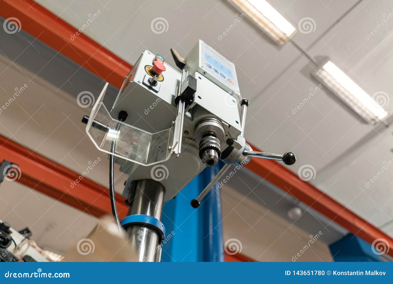 Drilling Machine. New Industrial Iron Drill in Interior. Tool