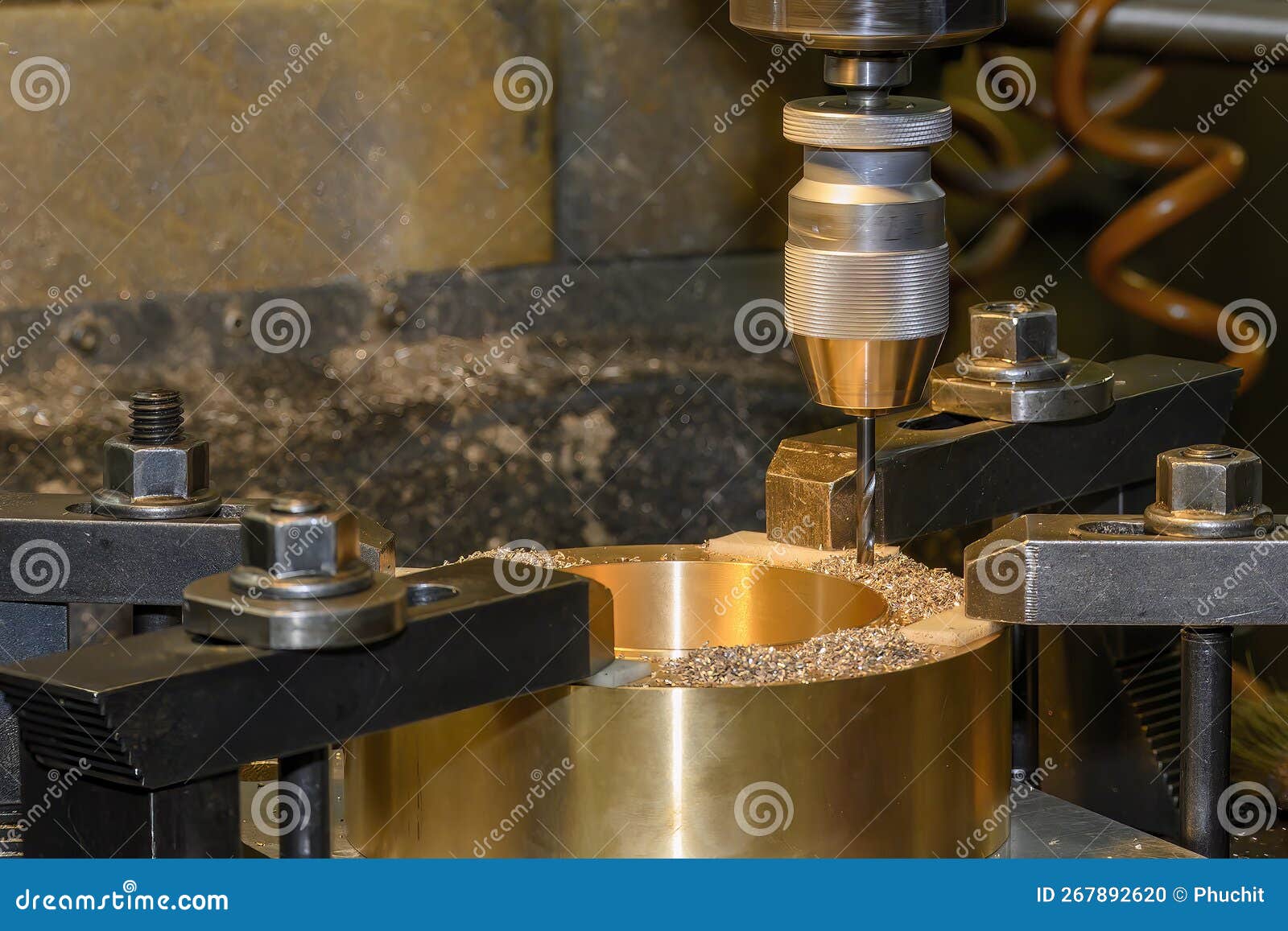 The Drilling Process on NC Milling Machine with Brass Material Stock Photo Image of