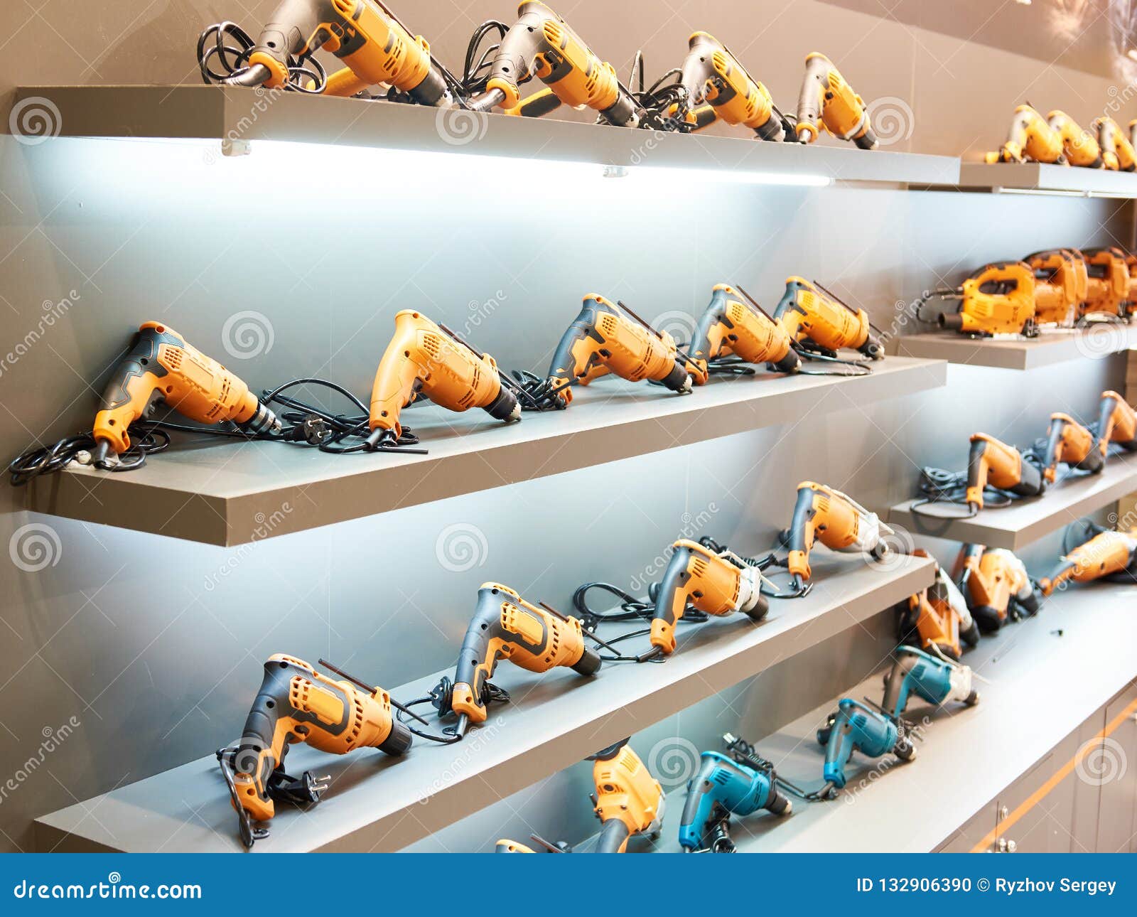 Drills in hardware store stock photo. Image of metal 132906390