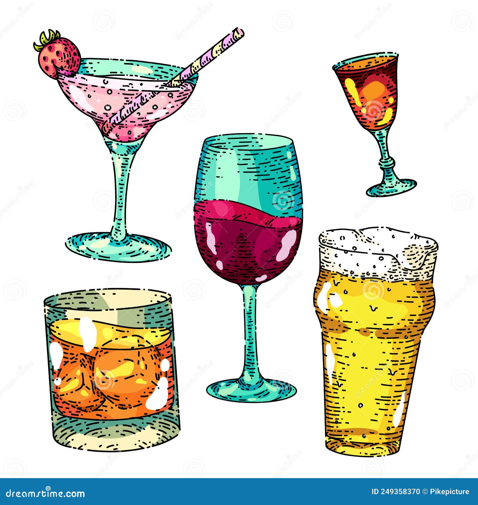 Collection set of bar cocktail glassware colored Vector Image