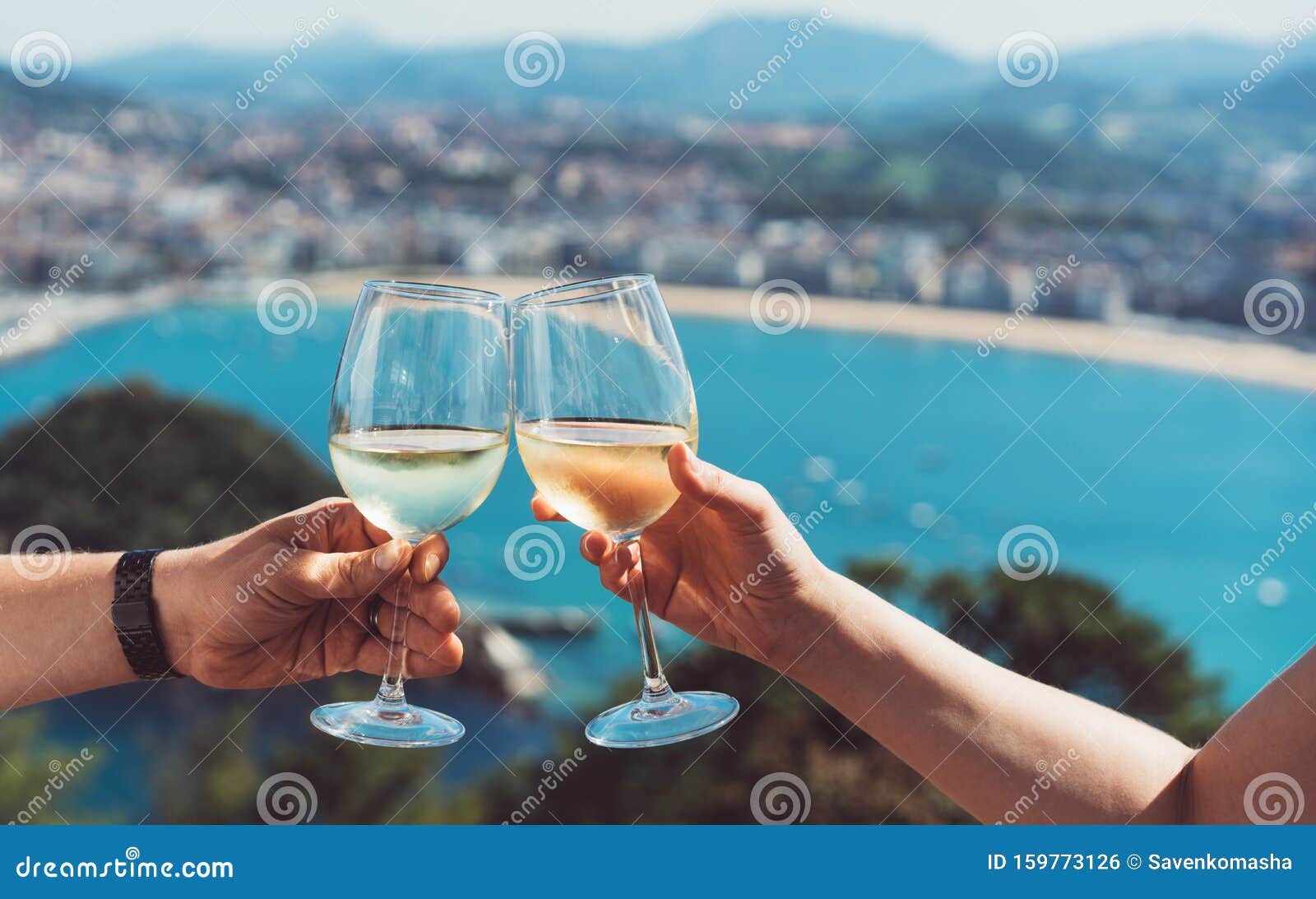 Drink Two Glasses White Wine in Friends Hands Outdoor Sea Nature ...