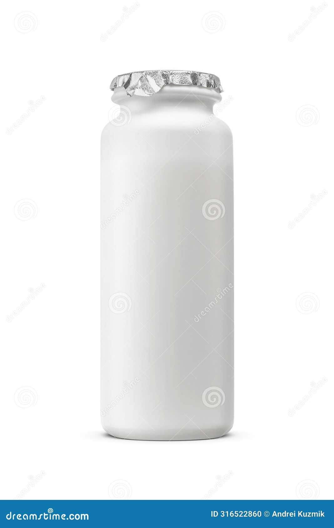 drinkable yogurt in white plastic bottle with foil lid  on white