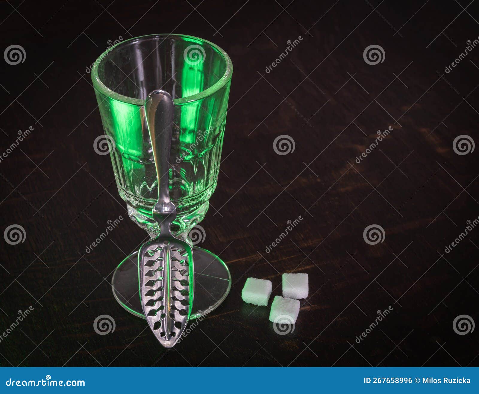 Traditional Absinthe Glass and Spoon with Sugar Cubes on Wooden Table Stock Photo Image of