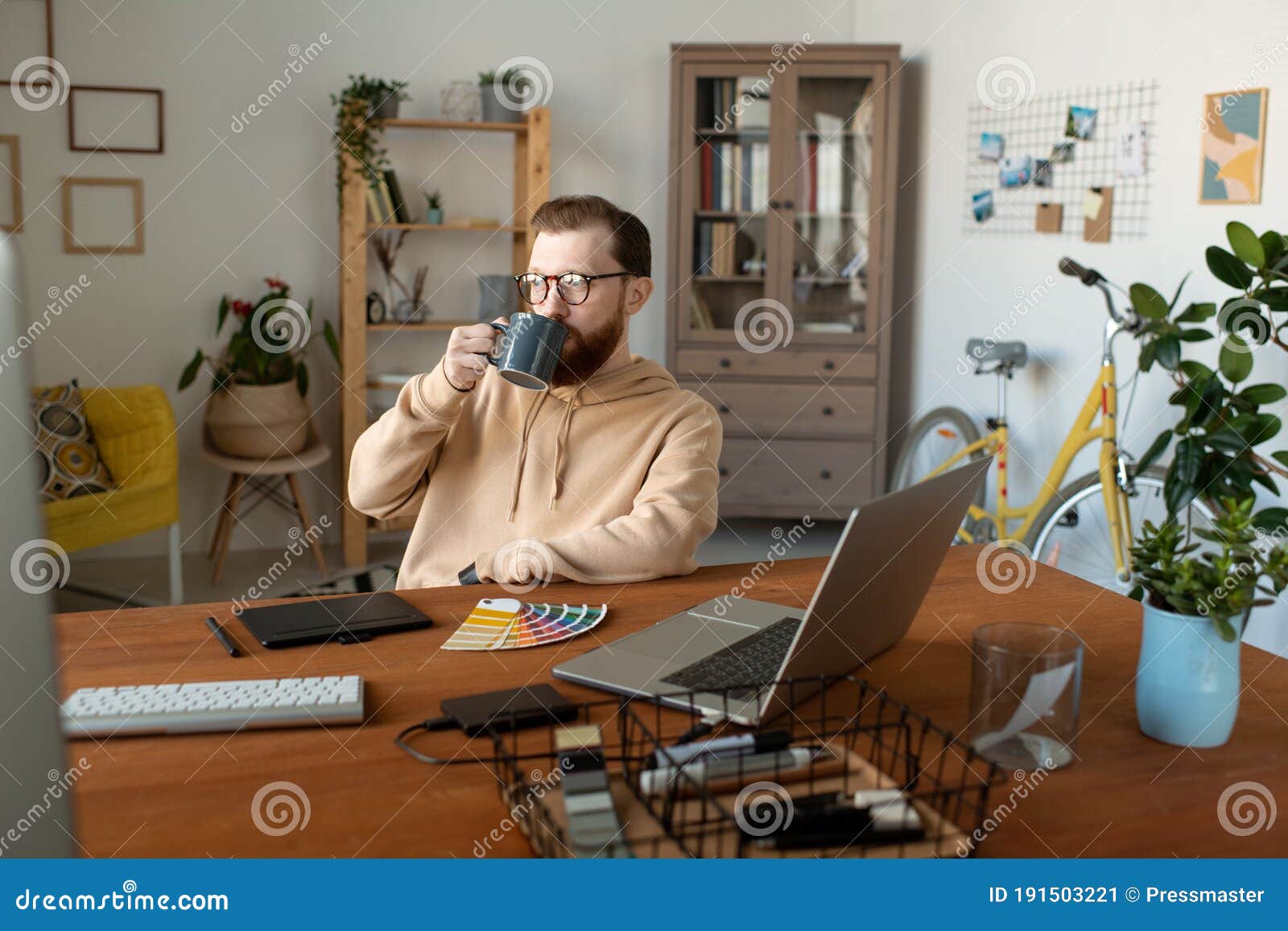 Drinking Coffee in Home Office Stock Image Image of computer