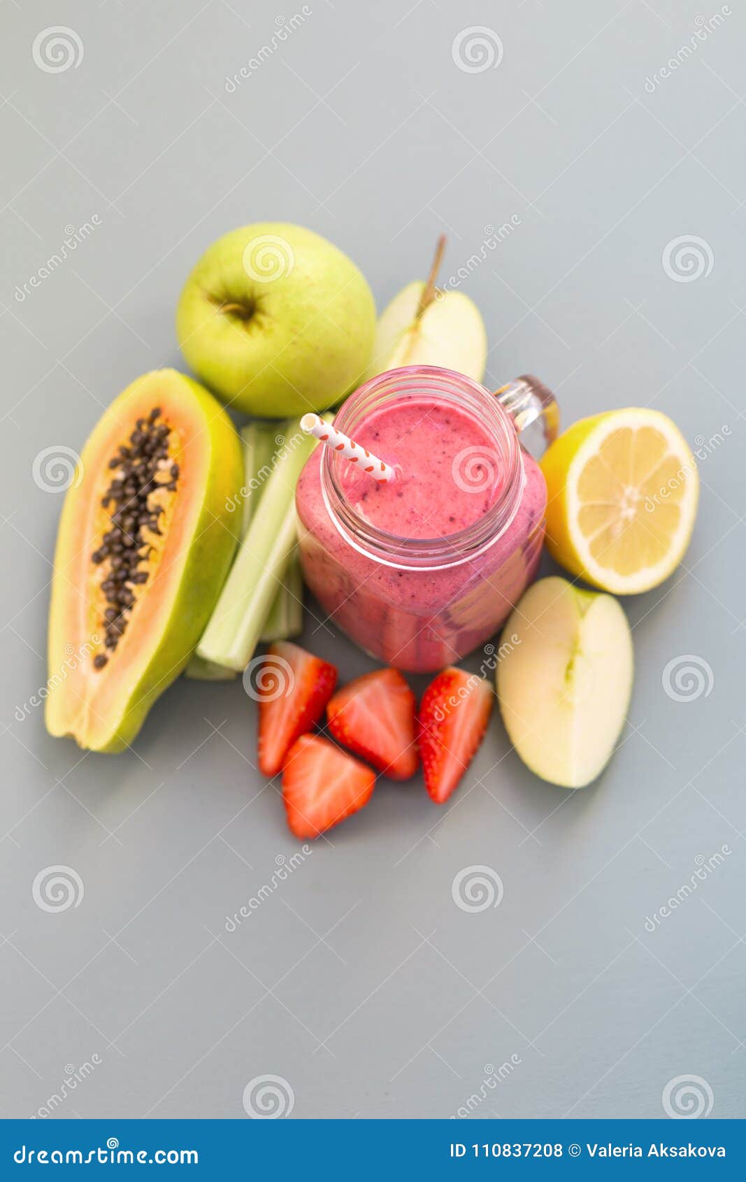 Fresh fruits and smoothie. Drinking jar with tasty smoothie and fresh juicy fruits.