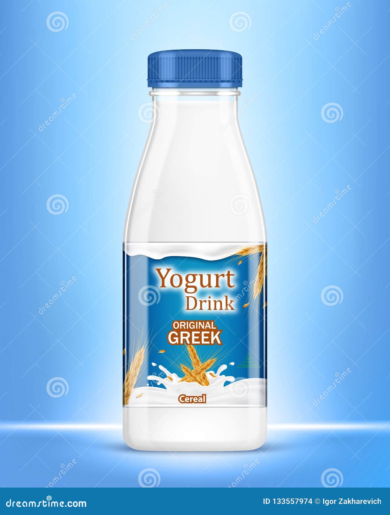 Drinking Yogurt Bottle with Oats on Blue Background Stock Illustration