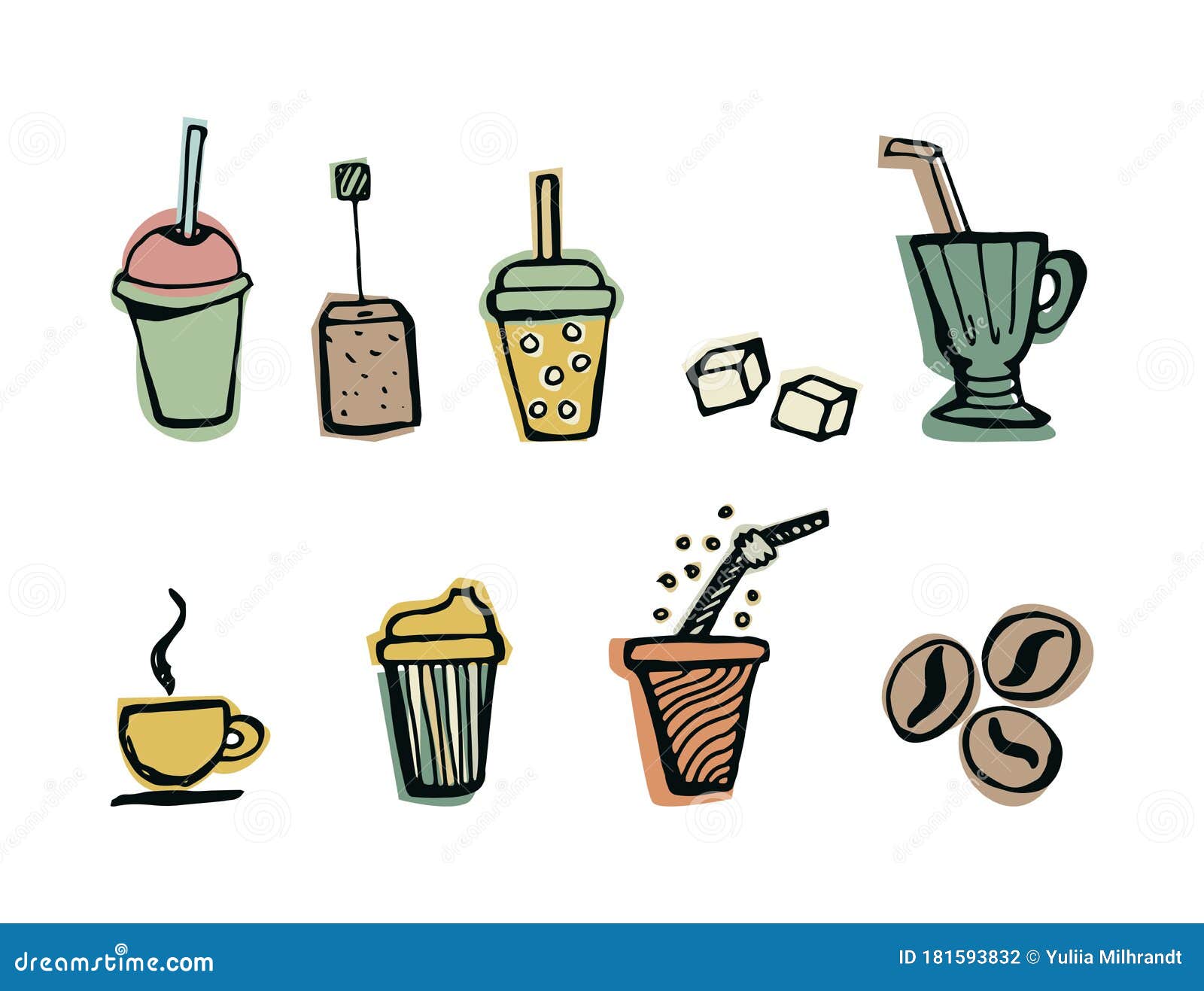 Drinks Coffee and Tea Set Hand Drawn Doodle. Vector Stock Illustration