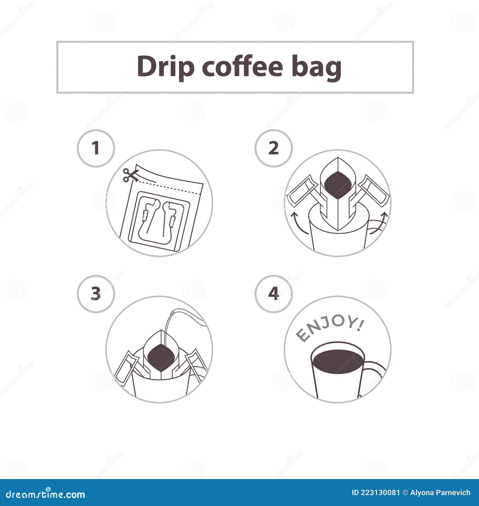 drip coffee bag for easy brewing in cup. set of  icons, line   on white background