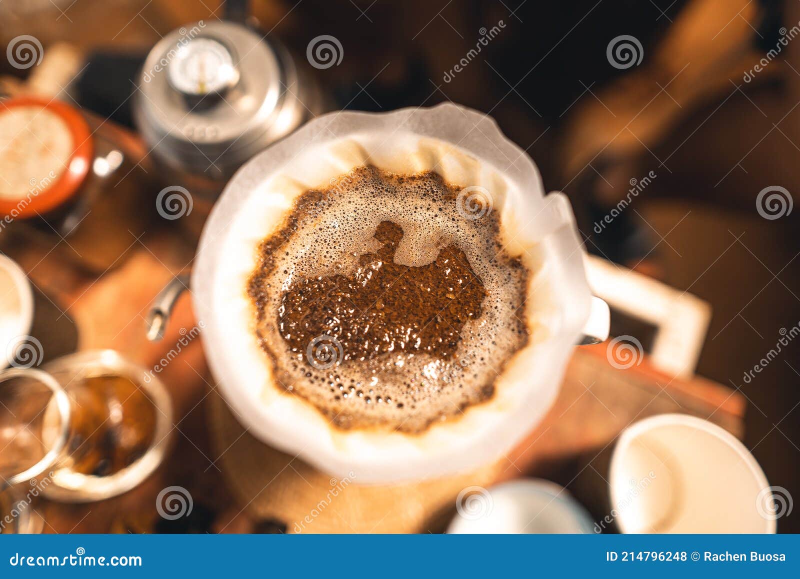 Drip Coffee Hot Water from the Kettle into the Coffee Stock Photo