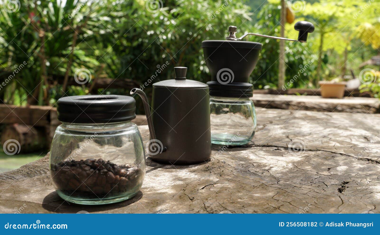 The Drip Coffee Set Includes Coffee Beans, Drip Kettle and a Coffee Grinder. Stock Photo Image