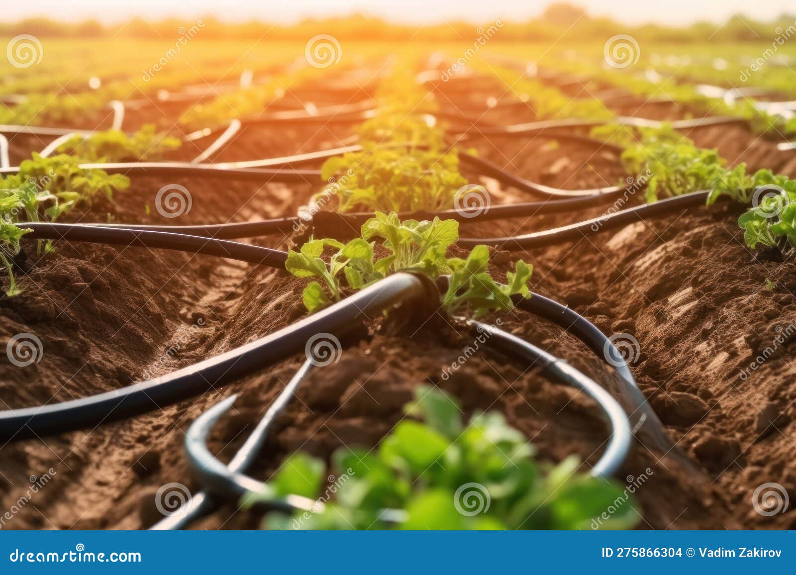 Drip Irrigation Plants in the Field Closeup Stock Illustration