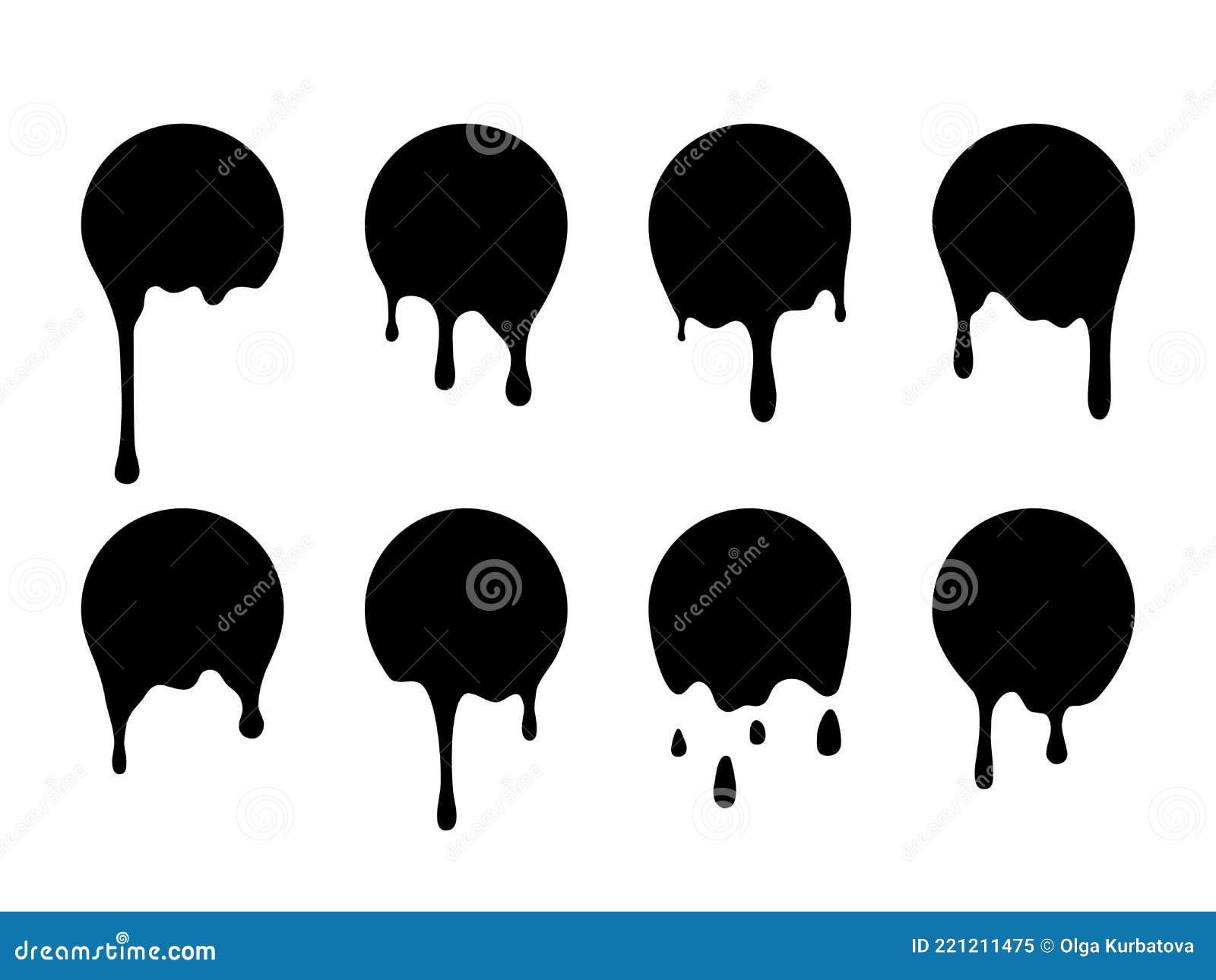 drip paint stickers. black melted badges. ink stains. dripping circles set. round  silhouettes with flowing drops