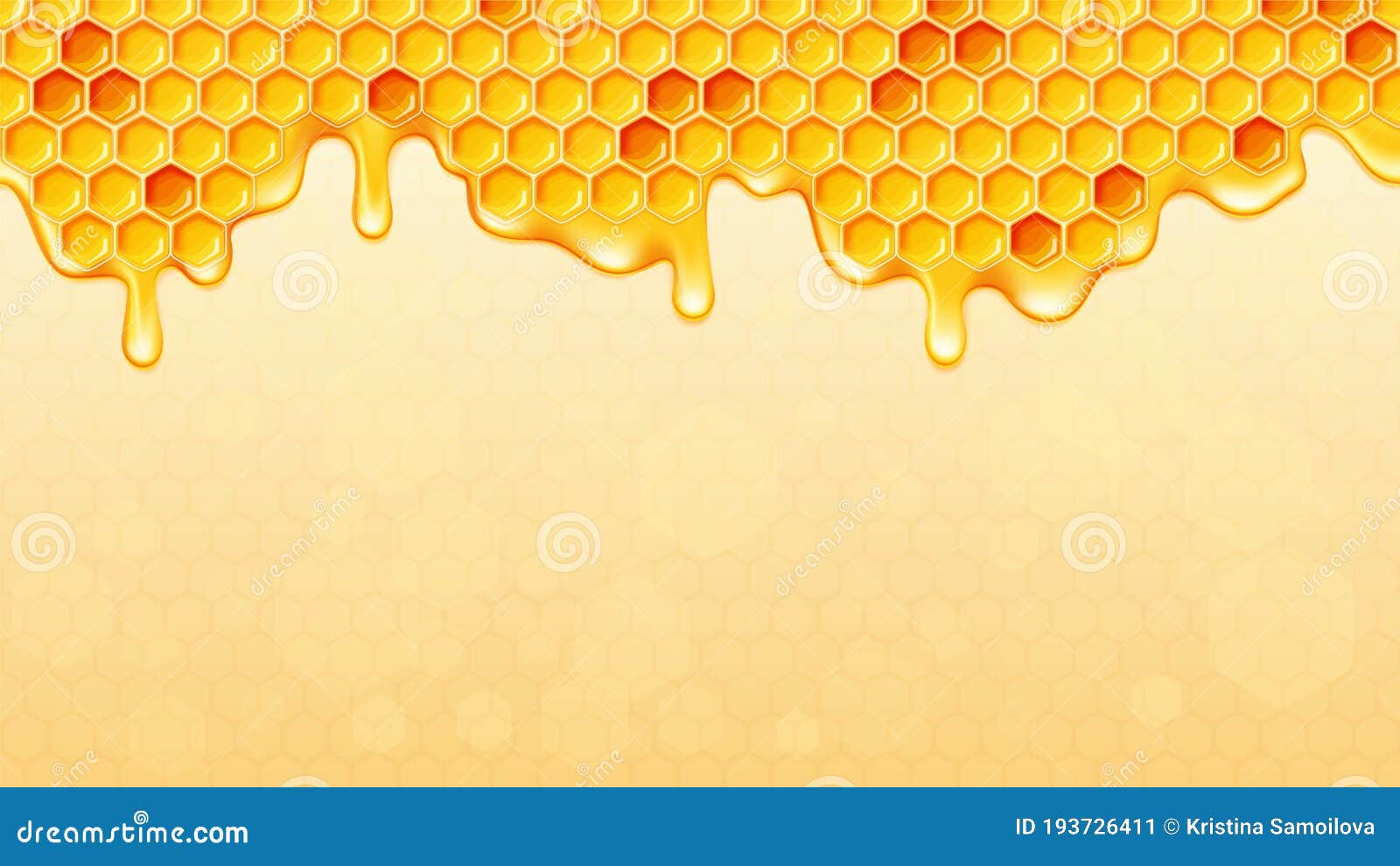 Dripping Honey Background with Honeycomb. Vector Illustration. Stock