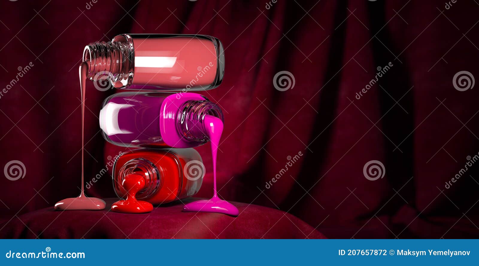 dripping nail polish on pink velvet background