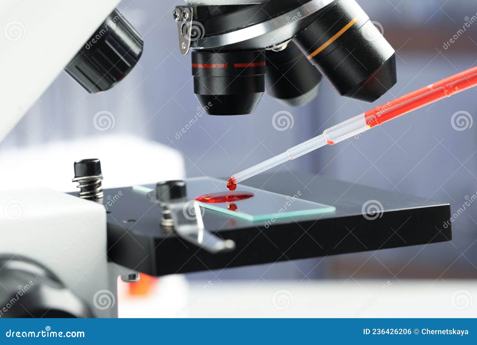 Dripping Sample of Red Liquid Onto Slide Under Microscope in Laboratory