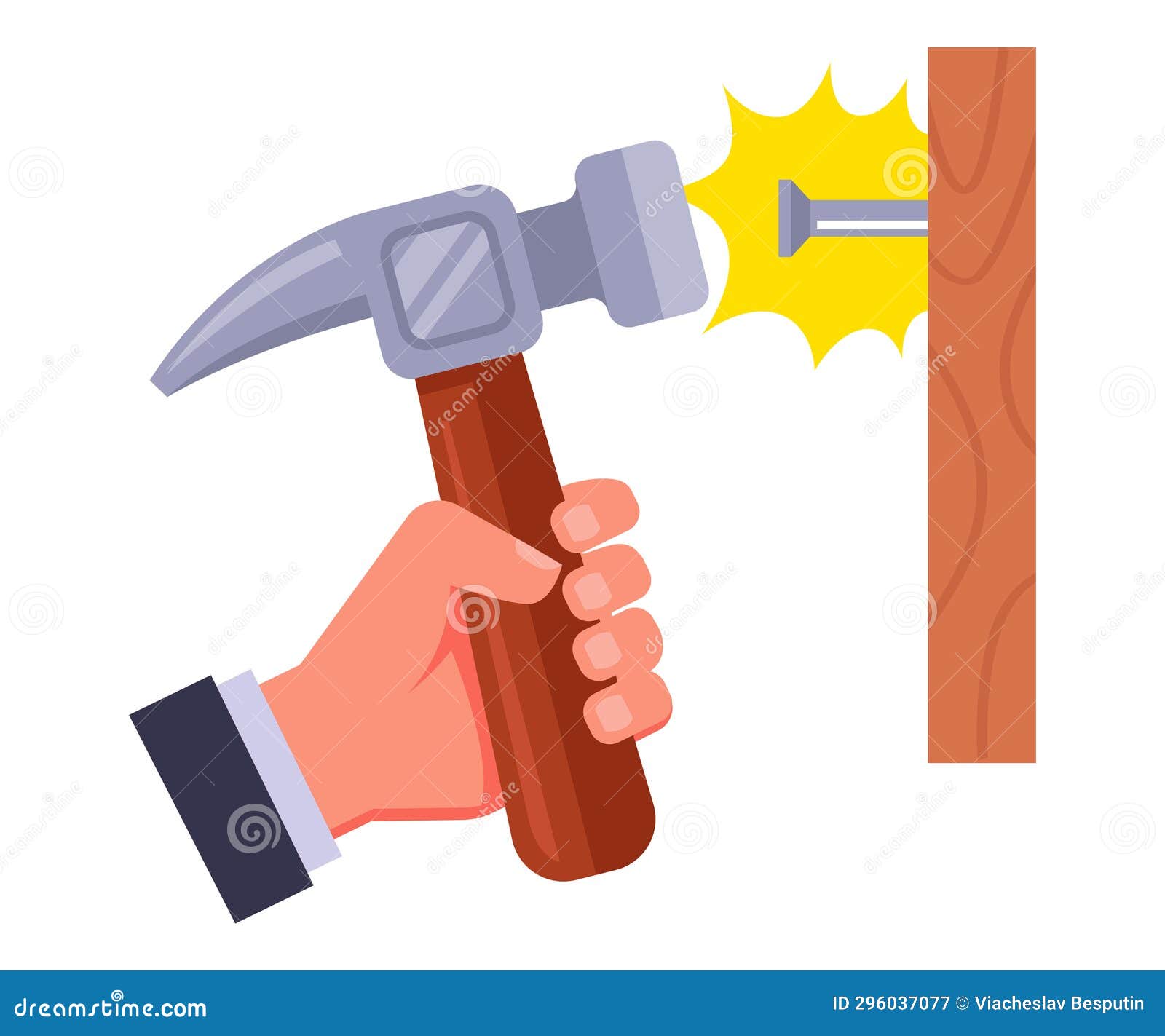 Drive a Nail into Wood Using a Hammer. Stock Illustration