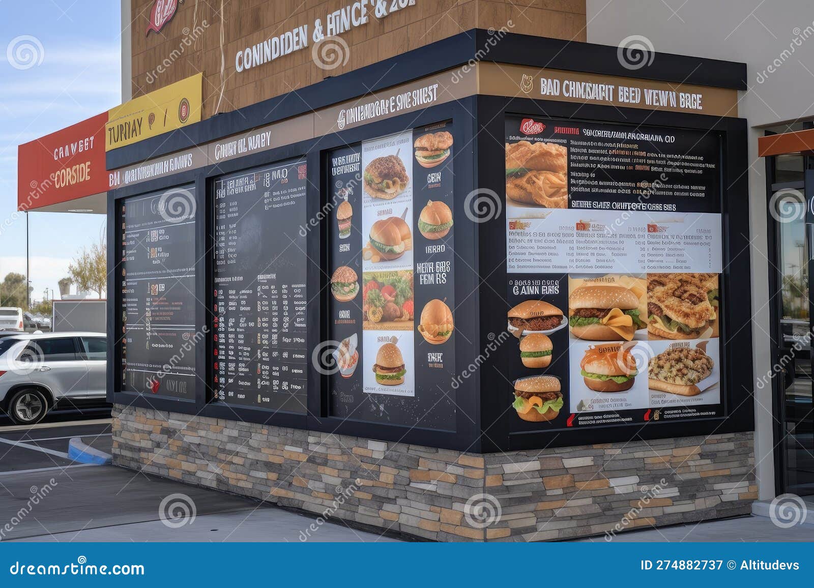 Drivethru with Menu Board, Showing Different Kinds of Food and Drinks