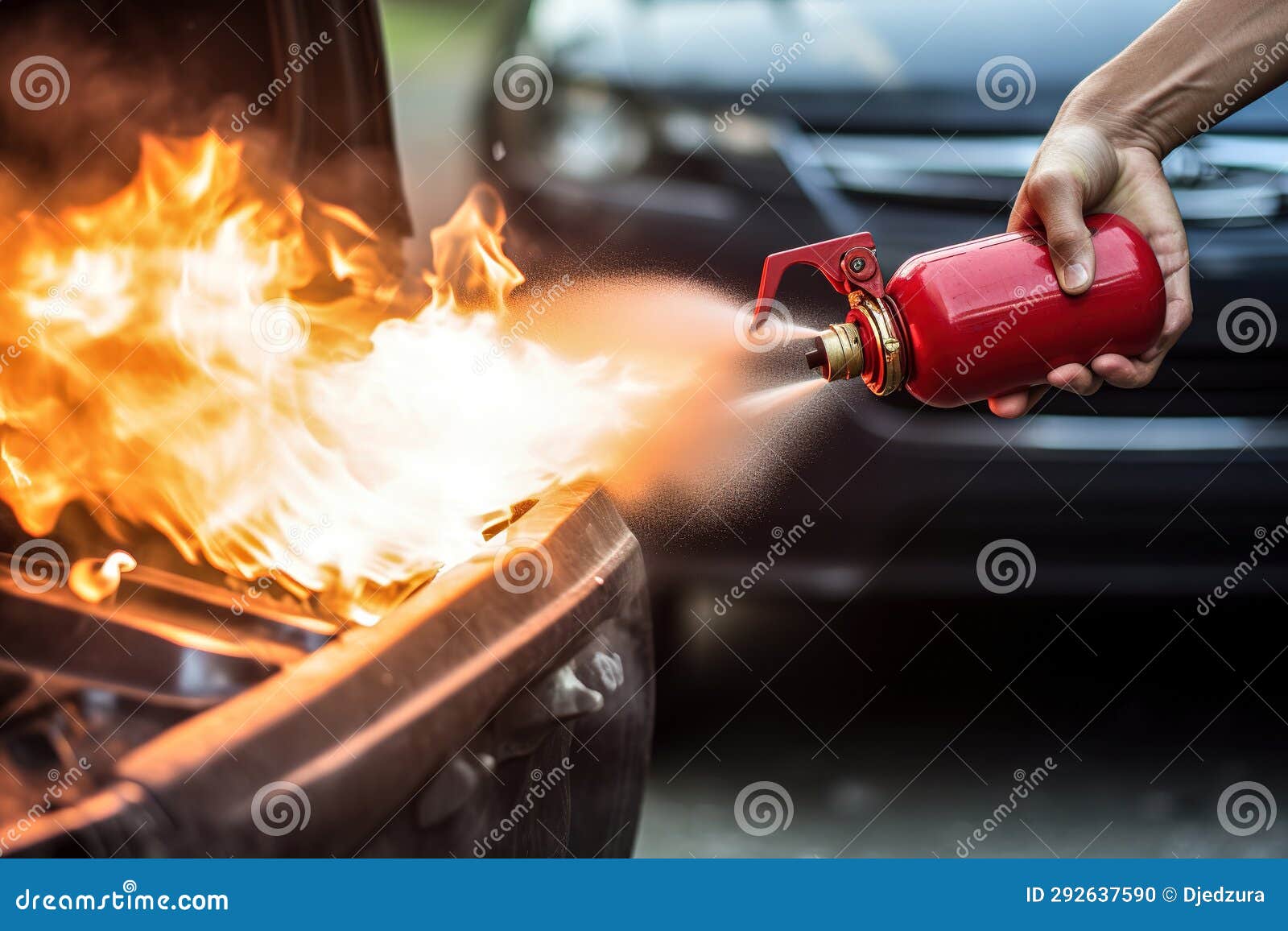 Driver Extinguishes the Engine Fire in His Car Stock Illustration
