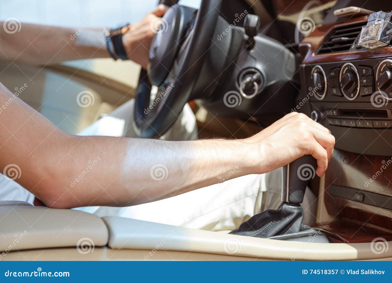Driver Man Hand Holding Automatic Transmission in Car Stock Image