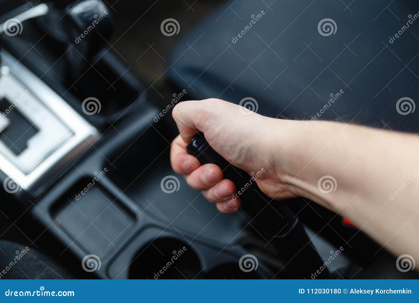 The Driver Pulls the Hand Brake Lever Stock Photo Image of male