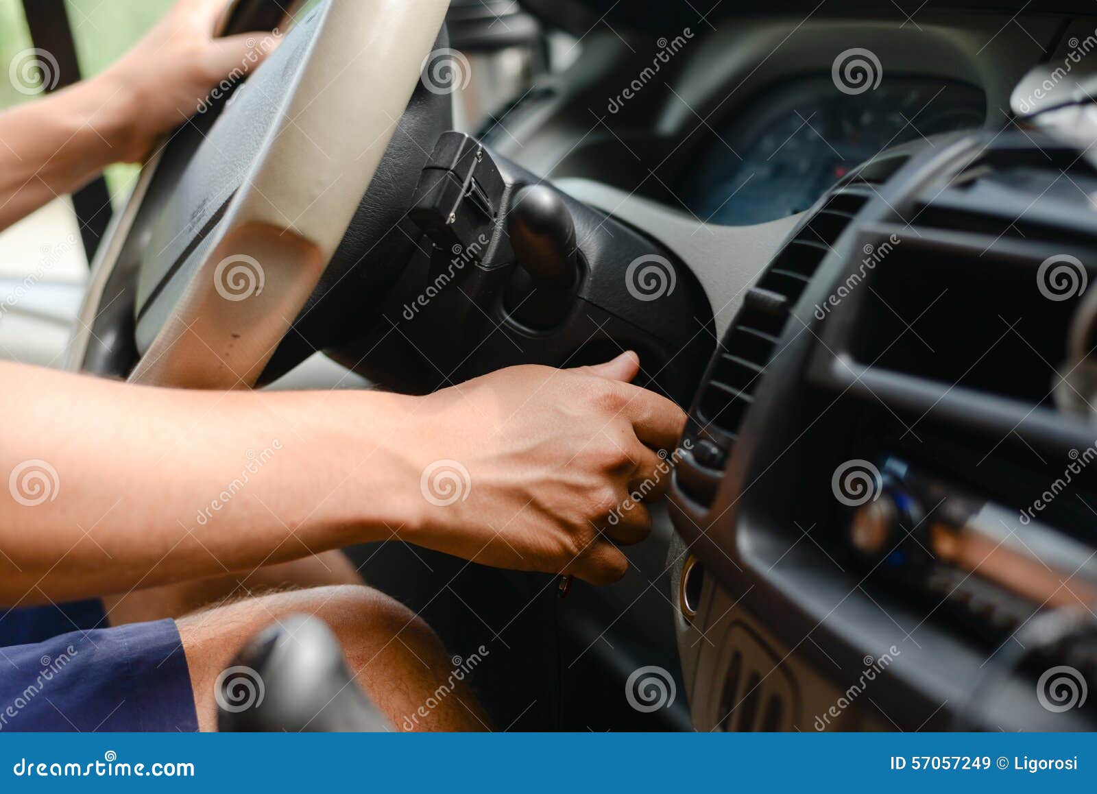 Driver Turning on Ingition on Dashboard of a Car Stock Image Image of