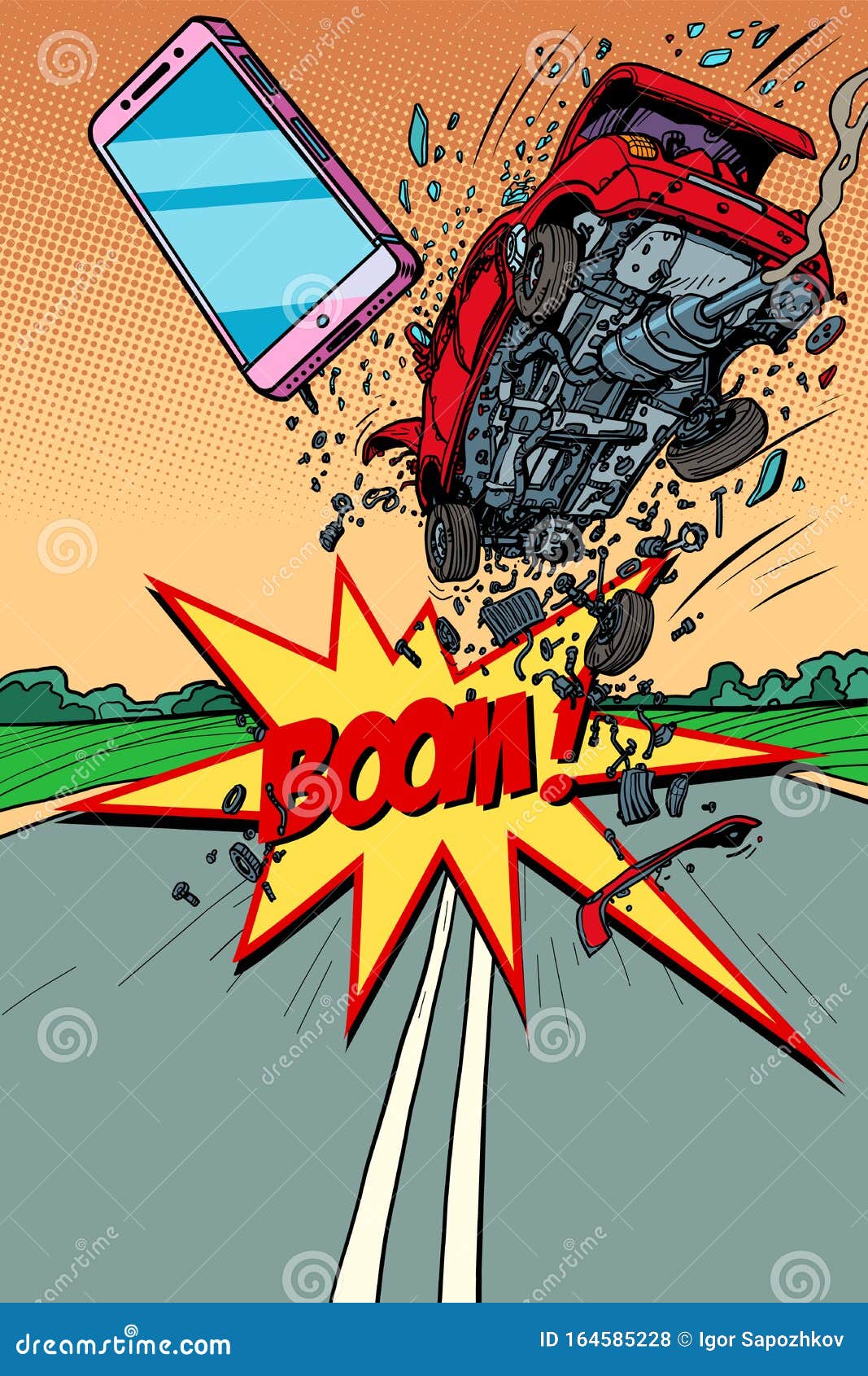 The Driver Was Distracted By A Smartphone And The Car Crashed Stock Vector Illustration Of Natural Beware